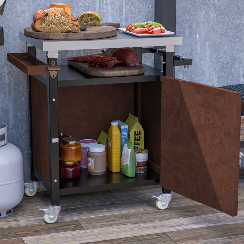 Outdoor Grill Cart with Stainless Steel Tabletop and Wheels, Movable BBQ Serving Cart with Storage, Hooks, and Spice Rack