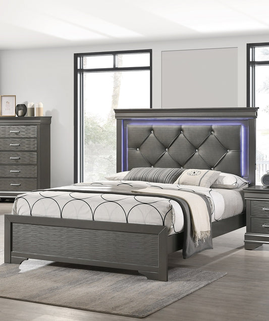 Dark Gray Faux Leather Headboard with LED, Tufted Queen Size Bed Furniture in Gray, Unique Texture, Solid Wood Support