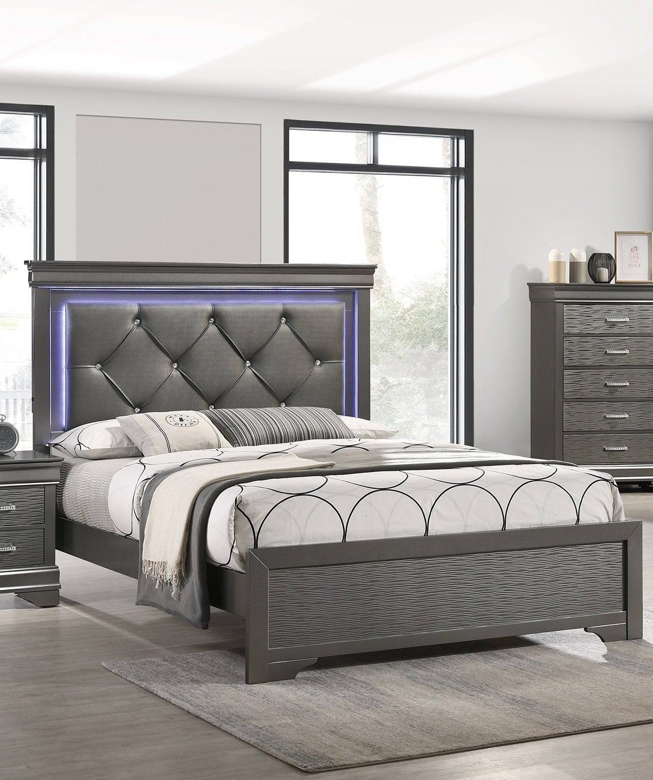 Dark Gray Faux Leather Headboard with LED, Tufted Queen Size Bed Furniture in Gray, Unique Texture, Solid Wood Support