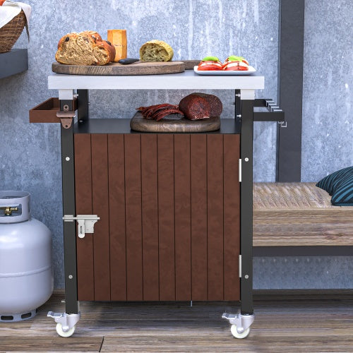 Outdoor Grill Cart with Stainless Steel Tabletop and Wheels, Movable BBQ Serving Cart with Storage, Hooks, and Spice Rack