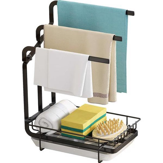Kitchen Sink Sponge Rack with Drain Tray – Metal Shelf Organizer for Sponge, Brush, and Soap