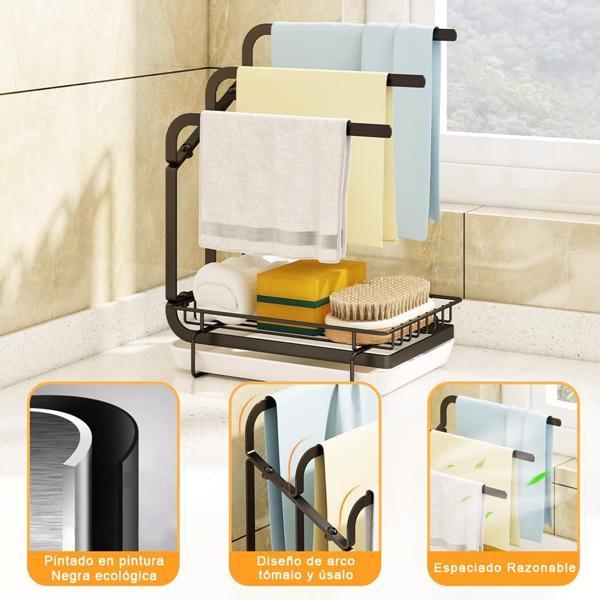 Kitchen Sink Sponge Rack with Drain Tray – Metal Shelf Organizer for Sponge, Brush, and Soap