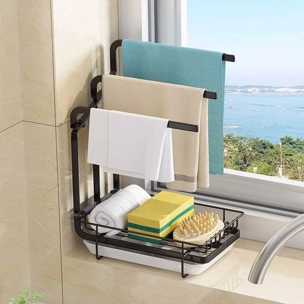 Kitchen Sink Sponge Rack with Drain Tray – Metal Shelf Organizer for Sponge, Brush, and Soap