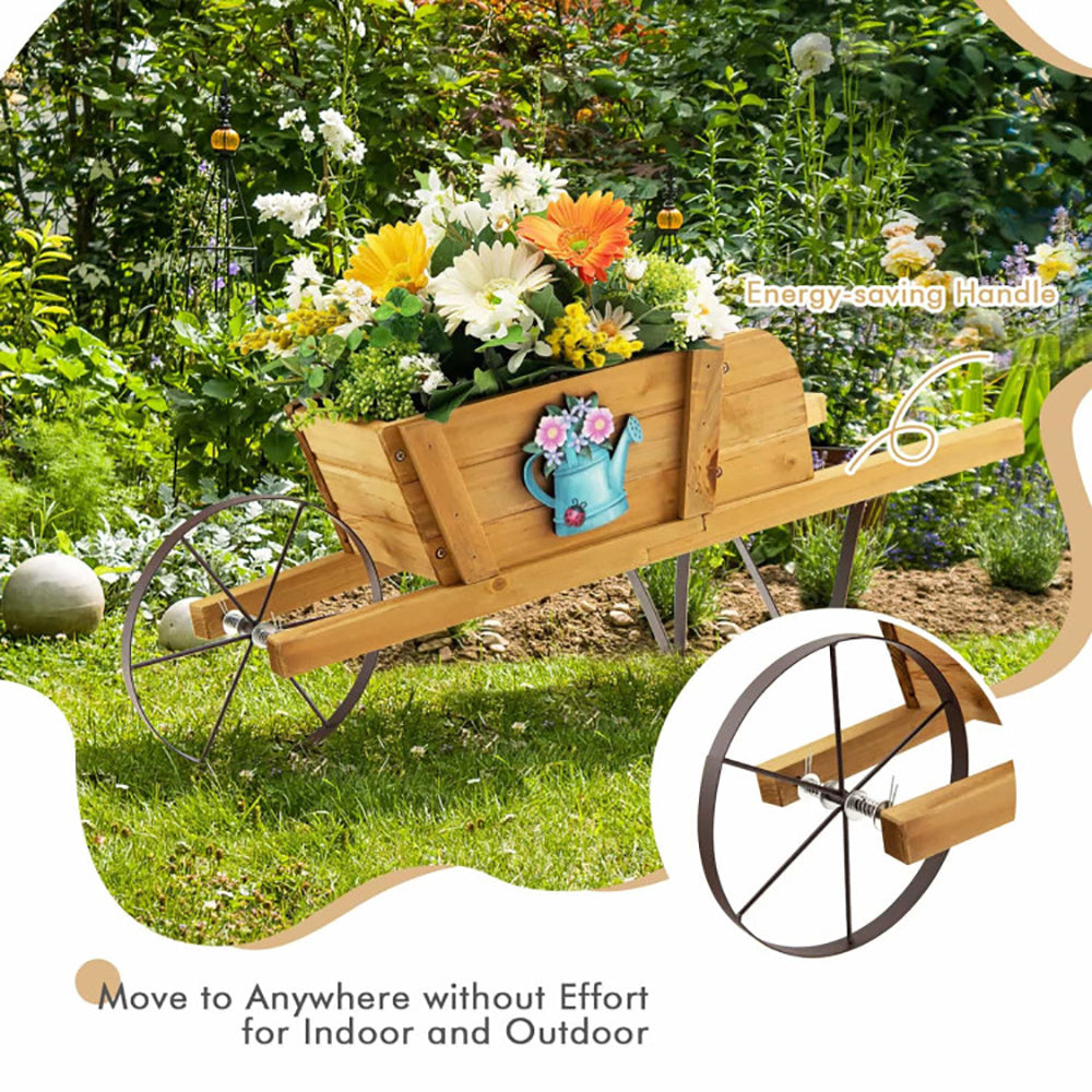 Wooden Wagon Planter with 9 Magnetic Accessories for Garden Yard