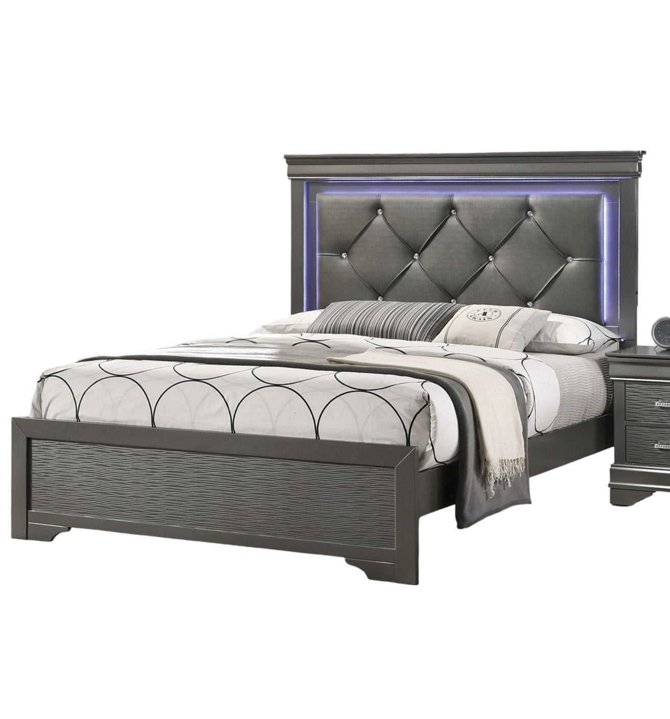 Dark Gray Faux Leather Headboard with LED, Tufted Queen Size Bed Furniture in Gray, Unique Texture, Solid Wood Support