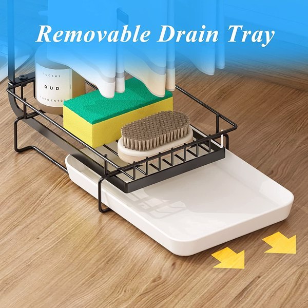 Kitchen Sink Sponge Rack with Drain Tray – Metal Shelf Organizer for Sponge, Brush, and Soap