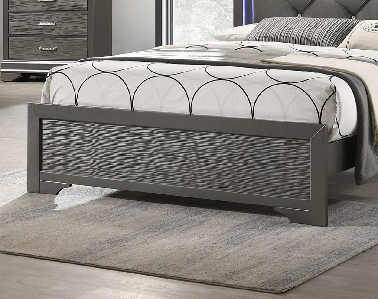 Dark Gray Faux Leather Headboard with LED, Tufted Queen Size Bed Furniture in Gray, Unique Texture, Solid Wood Support