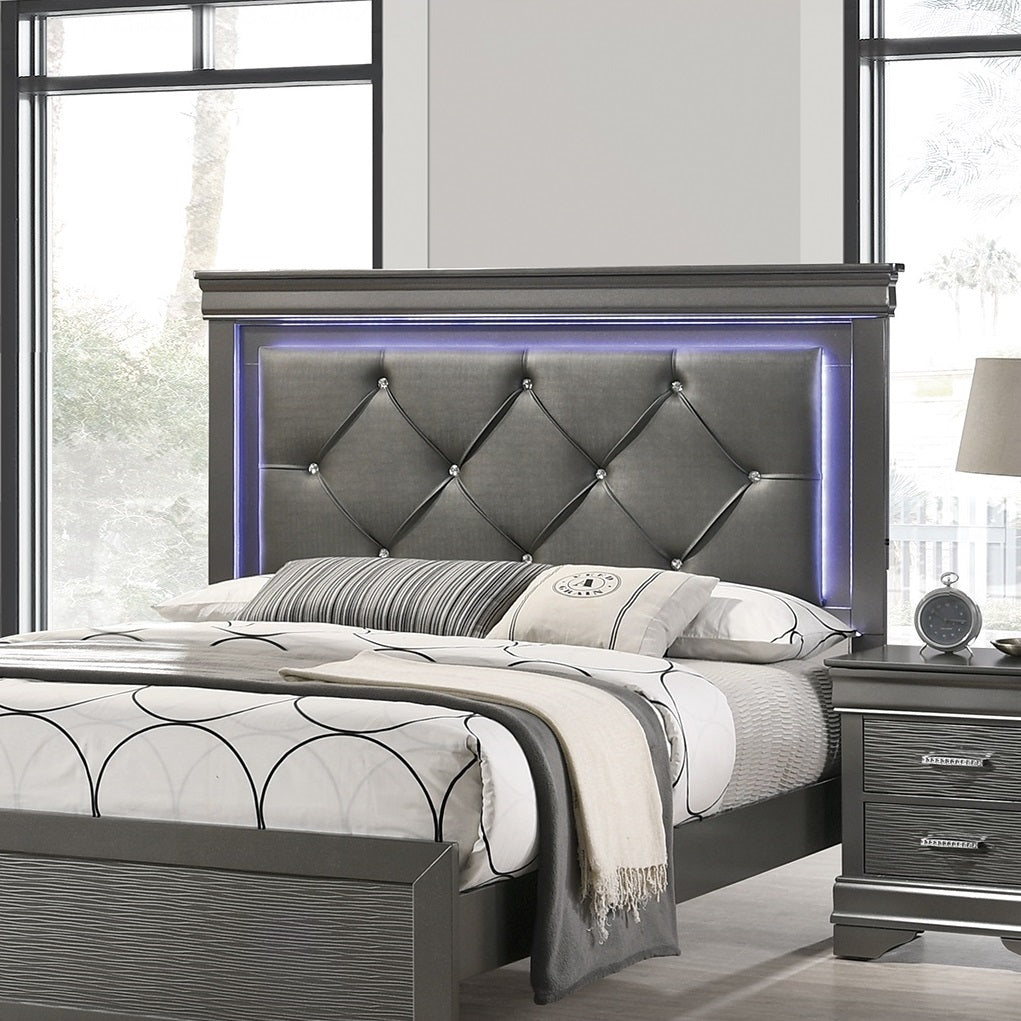 Dark Gray Faux Leather Headboard with LED, Tufted Queen Size Bed Furniture in Gray, Unique Texture, Solid Wood Support