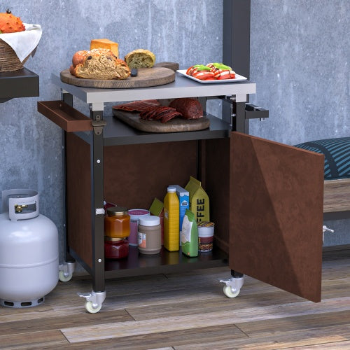 Outdoor Grill Cart with Stainless Steel Tabletop and Wheels, Movable BBQ Serving Cart with Storage, Hooks, and Spice Rack