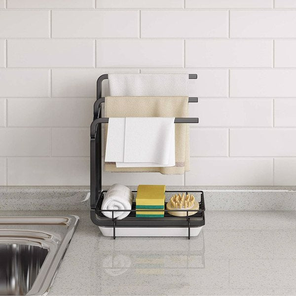 Kitchen Sink Sponge Rack with Drain Tray – Metal Shelf Organizer for Sponge, Brush, and Soap