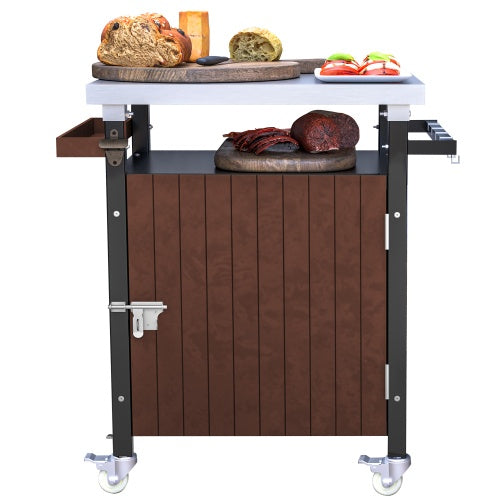 Outdoor Grill Cart with Stainless Steel Tabletop and Wheels, Movable BBQ Serving Cart with Storage, Hooks, and Spice Rack