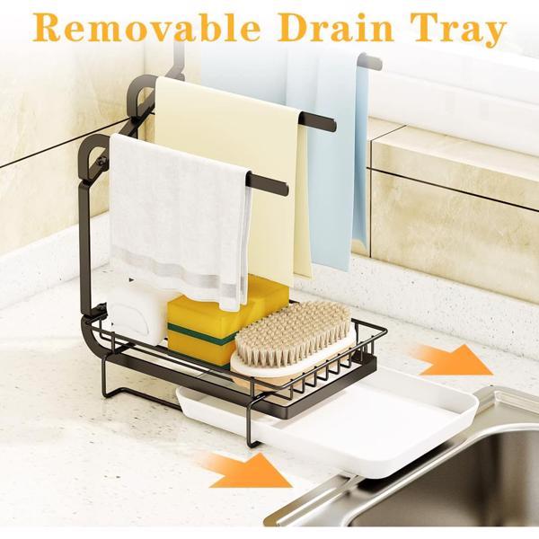Kitchen Sink Sponge Rack with Drain Tray – Metal Shelf Organizer for Sponge, Brush, and Soap