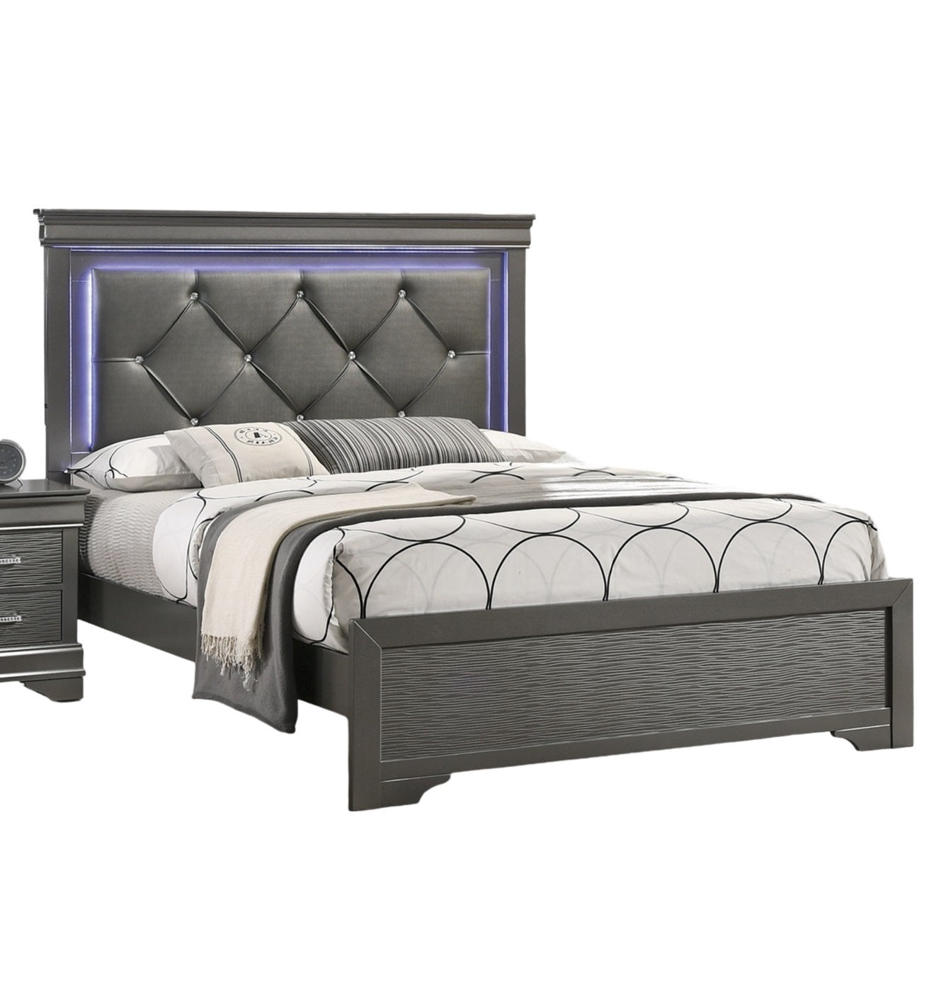 Dark Gray Faux Leather Headboard with LED, Tufted Queen Size Bed Furniture in Gray, Unique Texture, Solid Wood Support