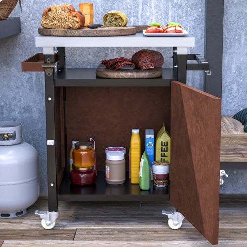 Outdoor Grill Cart with Stainless Steel Tabletop and Wheels, Movable BBQ Serving Cart with Storage, Hooks, and Spice Rack