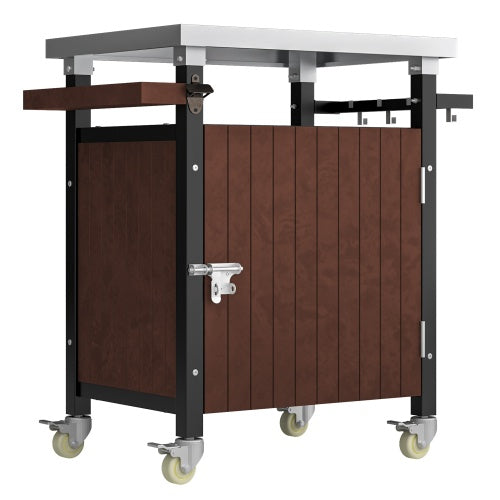 Outdoor Grill Cart with Stainless Steel Tabletop and Wheels, Movable BBQ Serving Cart with Storage, Hooks, and Spice Rack