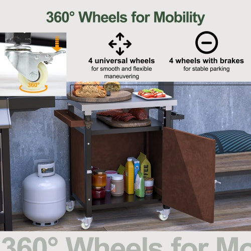 Outdoor Grill Cart with Stainless Steel Tabletop and Wheels, Movable BBQ Serving Cart with Storage, Hooks, and Spice Rack