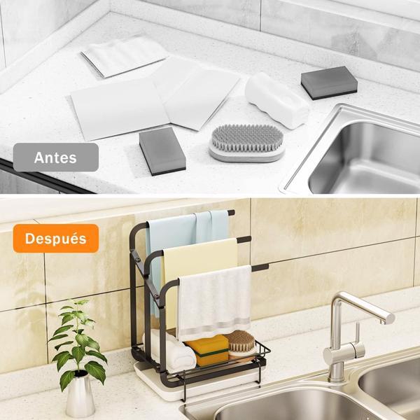 Kitchen Sink Sponge Rack with Drain Tray – Metal Shelf Organizer for Sponge, Brush, and Soap